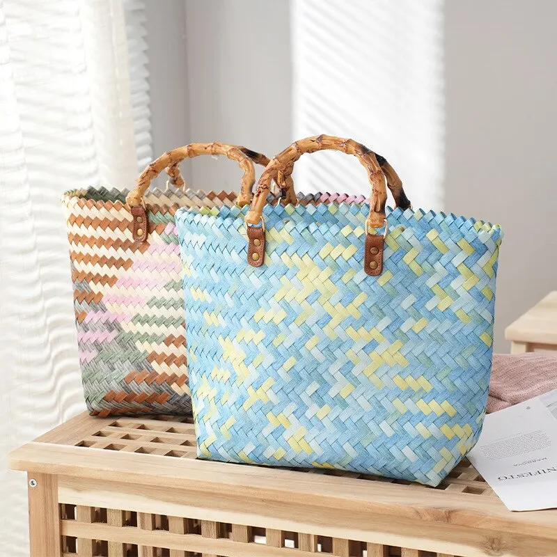 Vintage Bamboom Handle Rattan  - Basket Bag Wicker บทวิจารณ์และราคา