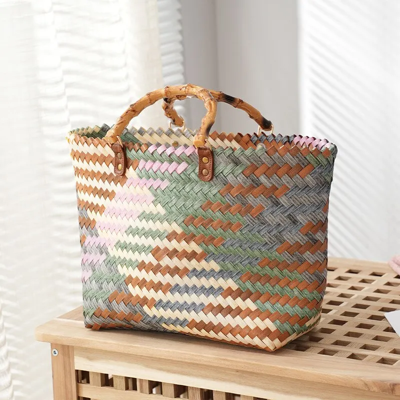 Vintage Bamboom Handle Rattan  - Basket Bag Wicker บทวิจารณ์และราคา