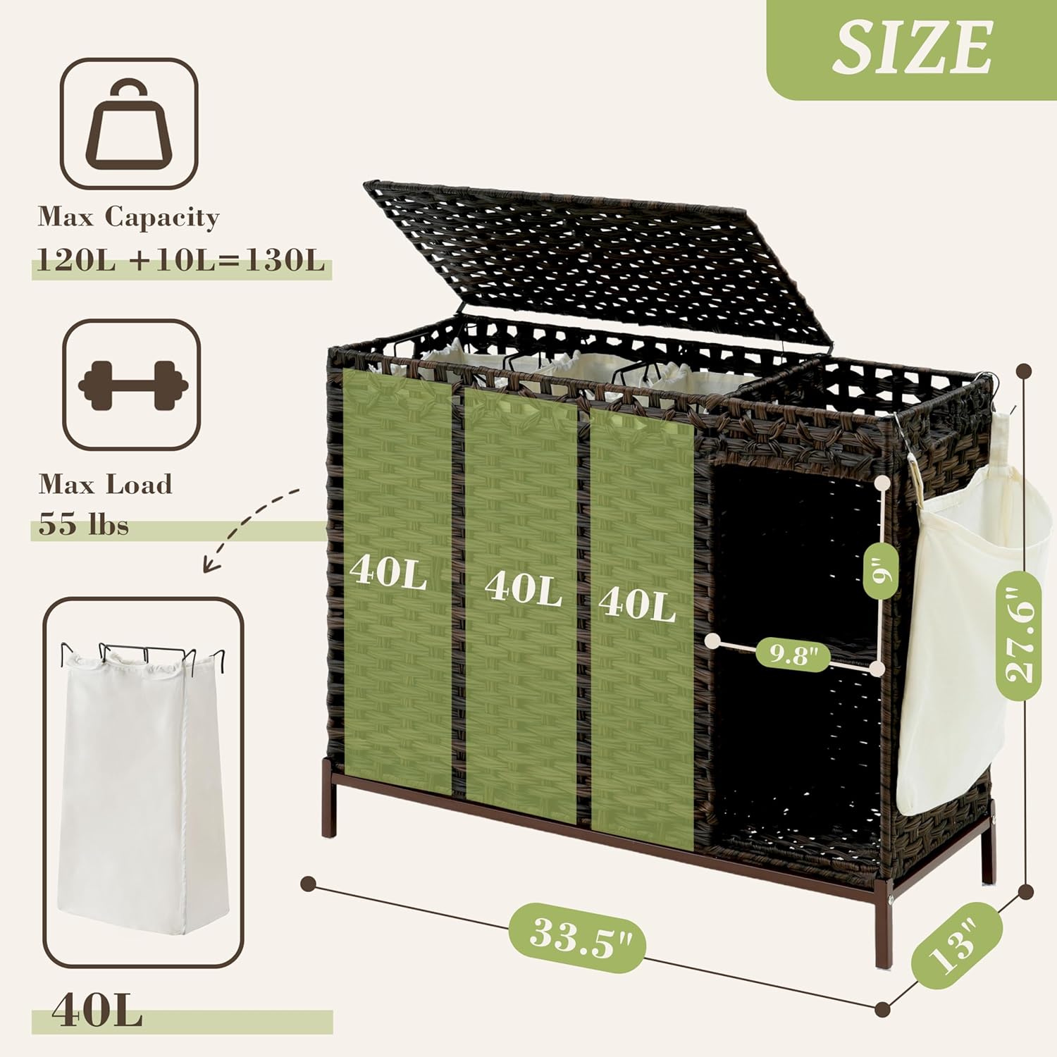 130L 3 Section Laundry Hamper  - Basket Bag Wicker บทวิจารณ์และราคา