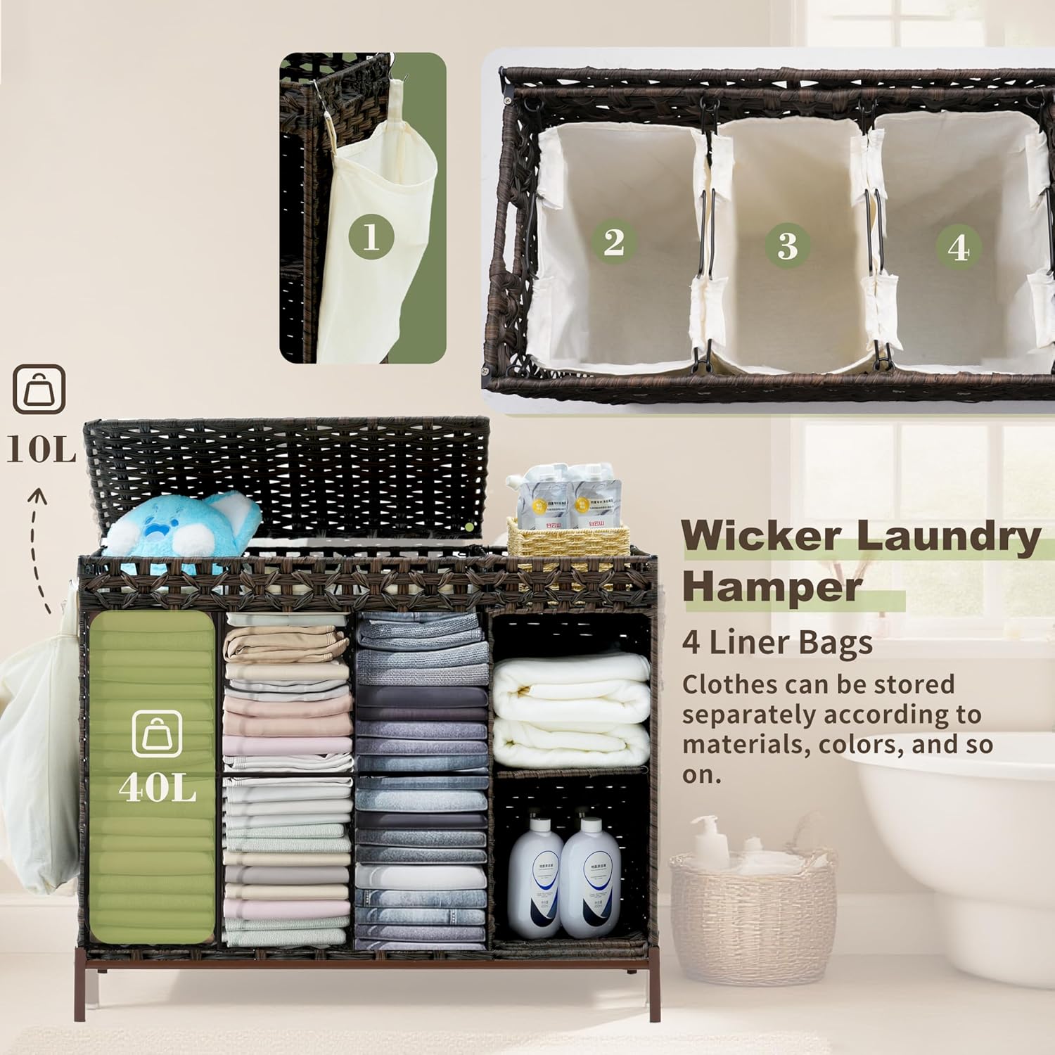 130L 3 Section Laundry Hamper  - Basket Bag Wicker บทวิจารณ์และราคา